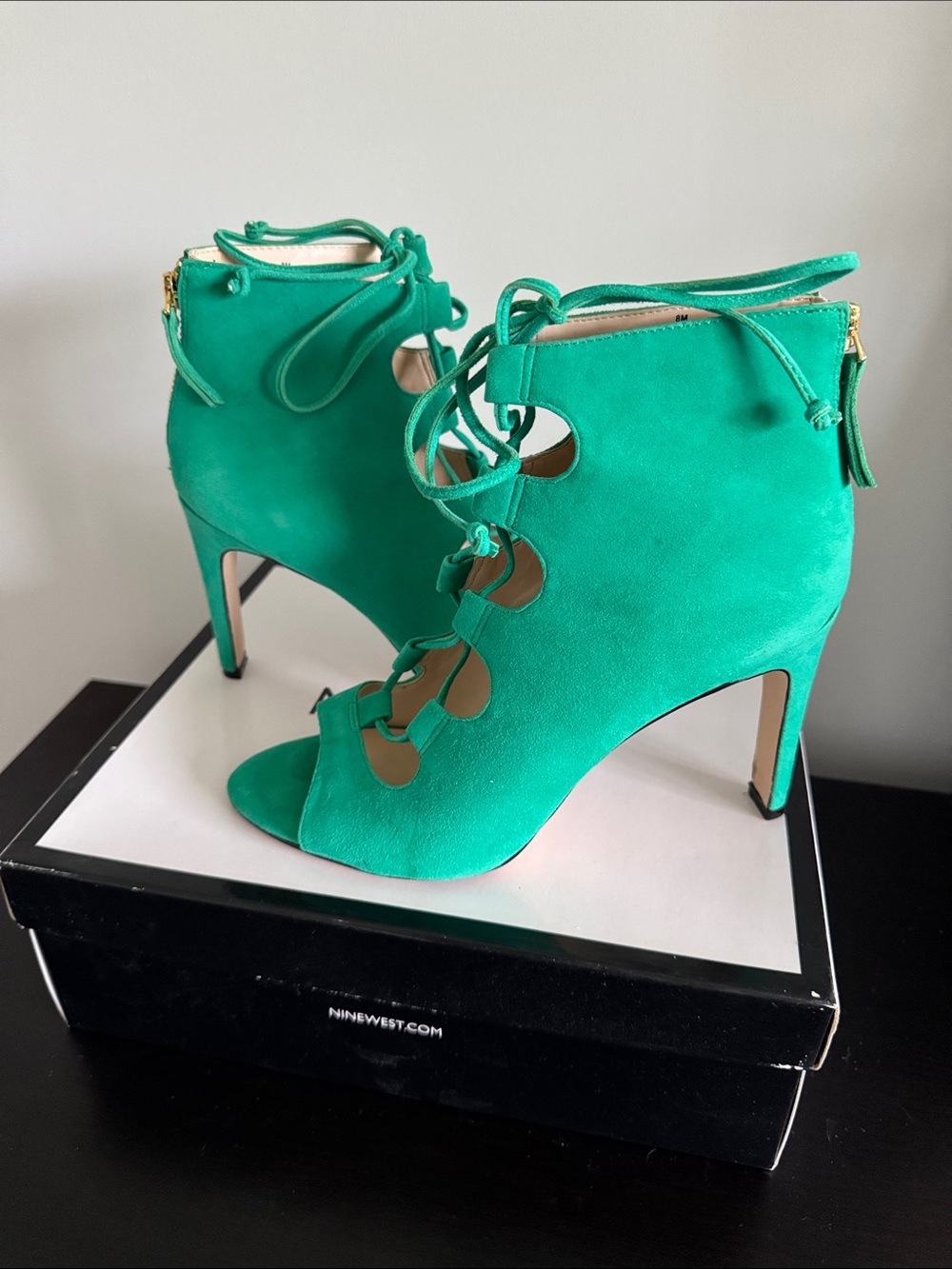 Nine West Teal Green Suede Lace-Up Peep-Toe Ankle Heels